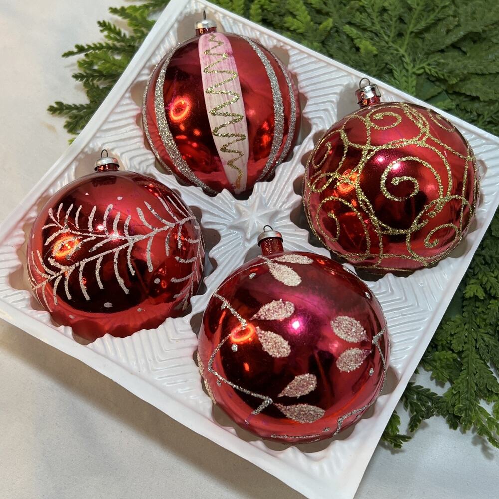 Vintage Set of 4 Unbreakable Italian Italy 3” Red Mica Glittered Ornaments